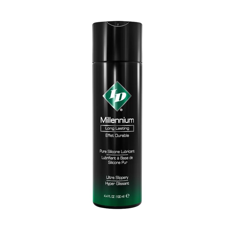 Flacon ID Millennium 100 ml noir trapu vert, lubrifiant silicone pur leger glisse durable sans coller, etiquette effet durable de face
