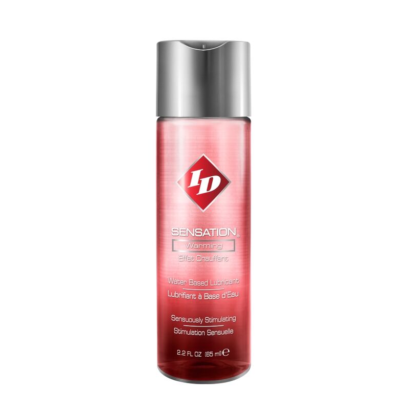 Flacon ID Sensation chauffant 65 ml rouge degrade, lubrifiant base eau effet chaleur stimulant sensuel, bouchon argente vue de face