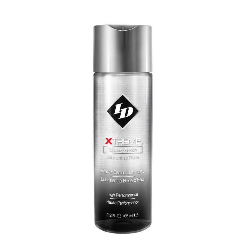 Flacon ID Xtreme degrade gris-noir 85 ml, lubrifiant base eau haute performance pour jeux intenses, bouchon argente etiquette sobre de face