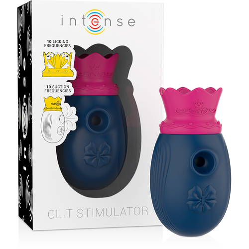 Boite Intense Clit Stimulator illustrant les 10 frequences de succion et de leche, posee a cote du stimulateur clitoridien bleu a couronne rose