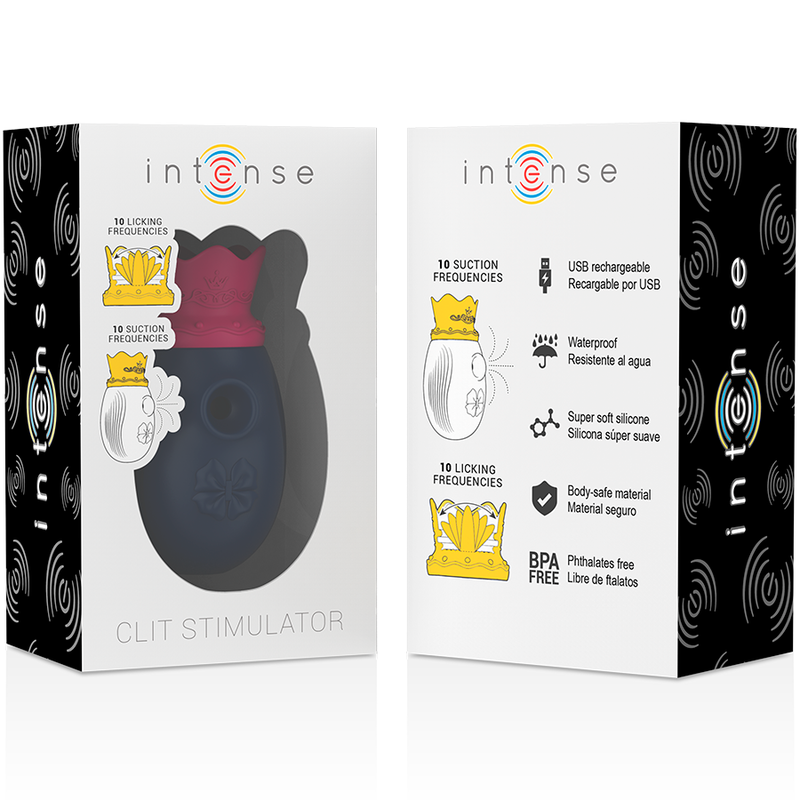 Boite noire Intense Clit Stimulator presentee recto-verso, visuels des frequences de succion et de leche, mention silicone body-safe et rechargeable USB