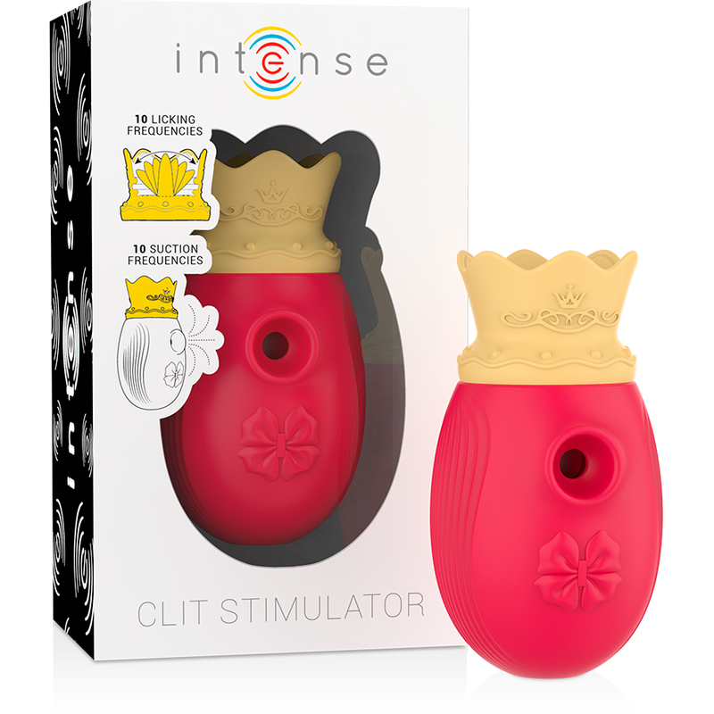 Boite blanche Intense Clit Stimulator avec le stimulateur rouge a couronne jaune et un second jouet, visuels des frequences de succion et de leche
