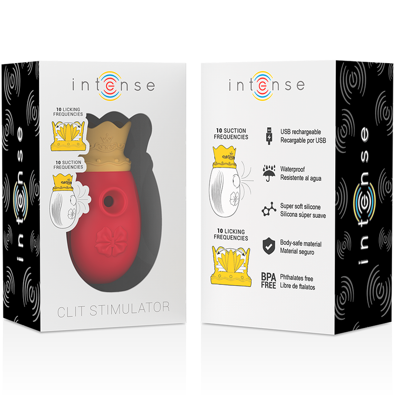 Boite noire Intense Clit Stimulator recto-verso du modele rouge, mentions succion et leche, silicone body-safe, sans BPA et rechargeable USB