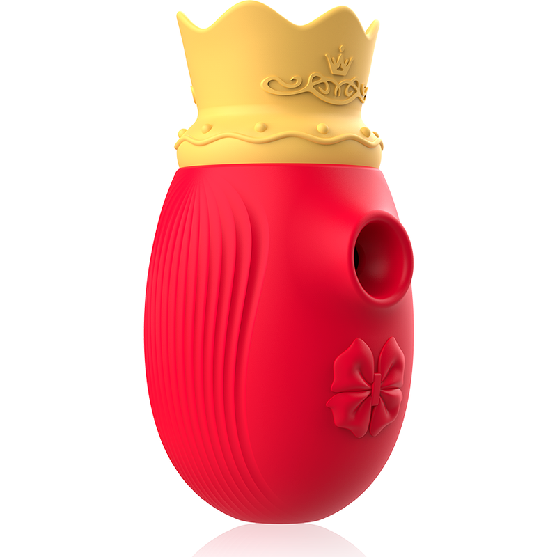 Stimulateur clitoridien Intense rouge vu de profil, corps nervure et embout couronne jaune abritant l'ouverture de succion pour le clitoris