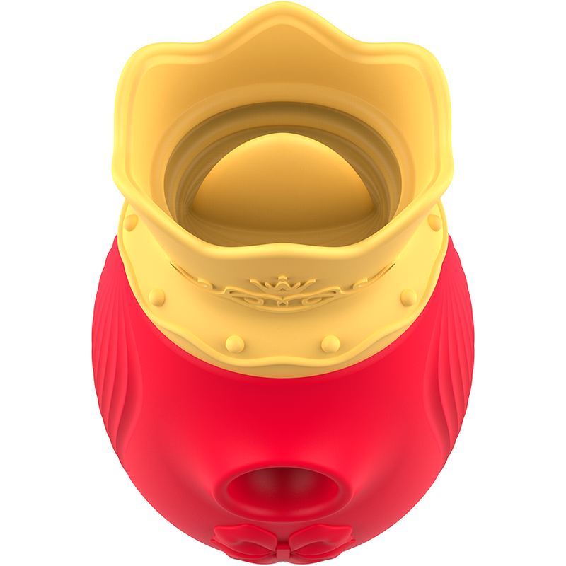 Vue plongeante sur la large couronne jaune du stimulateur clitoridien Intense rouge, cavite creuse en silicone qui coiffe le clitoris pour la succion