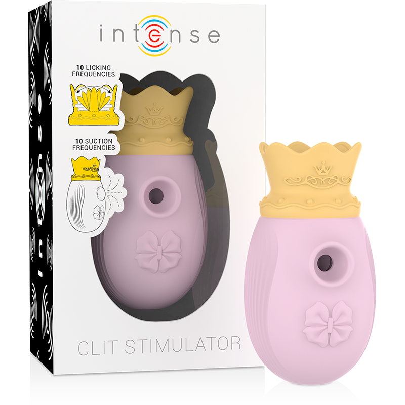Boite Intense Clit Stimulator coloris rose a cote du stimulateur clitoridien assorti a couronne jaune, indication des 10 frequences succion et leche