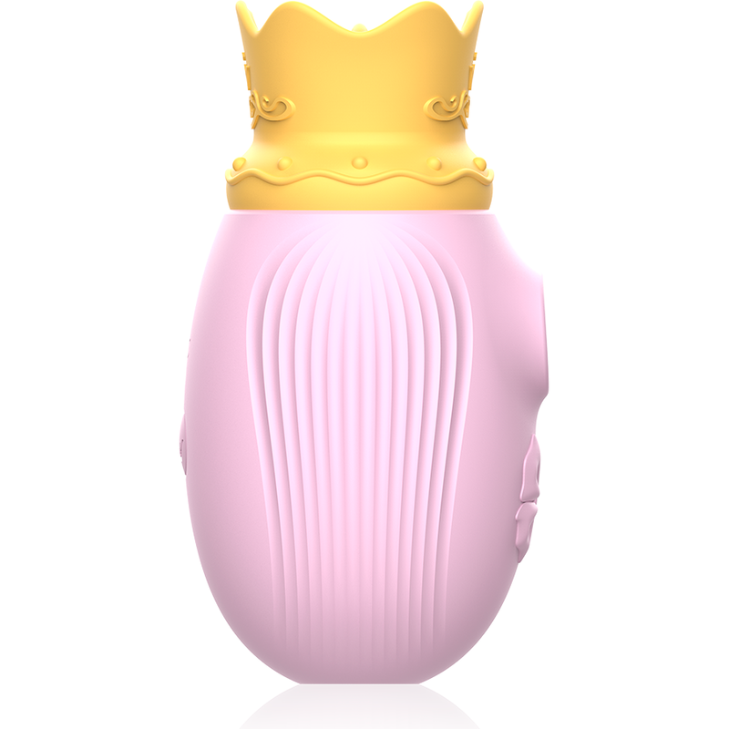 Stimulateur clitoridien Intense rose pastel coiffe de sa couronne jaune, corps nervure en silicone super doux pour une stimulation par succion et leche