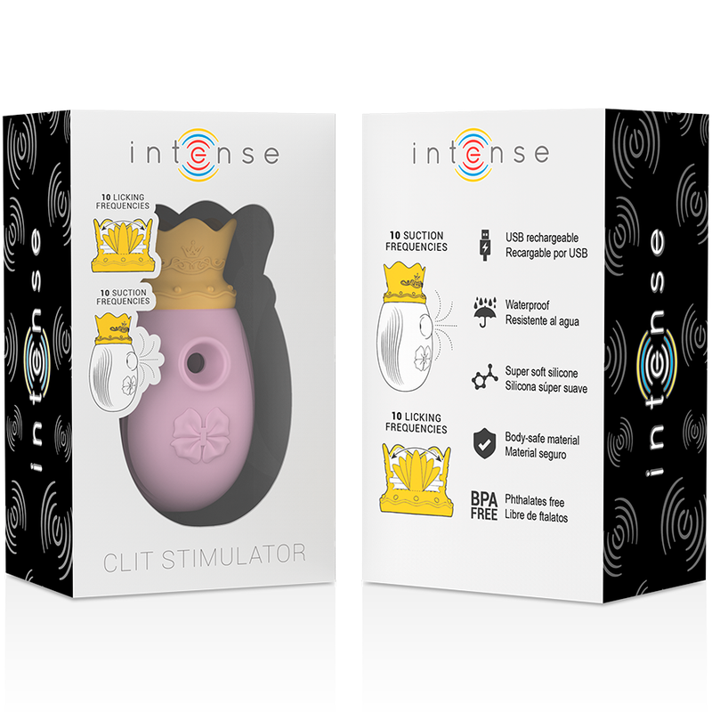 Boite noire Intense Clit Stimulator recto-verso pour le modele rose, frequences de succion et de leche detaillees, jouet rechargeable USB et etanche