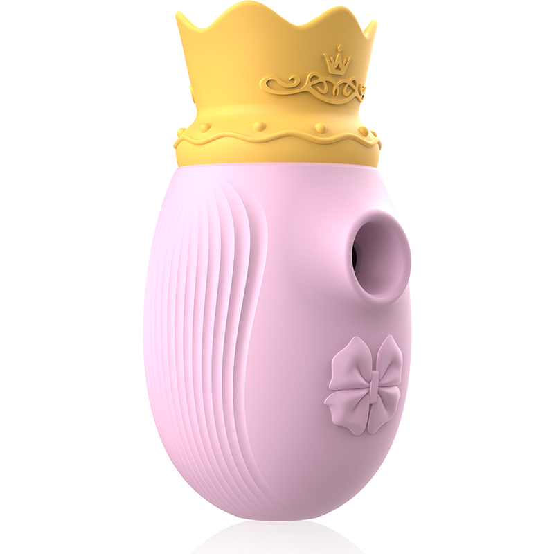 Stimulateur clitoridien Intense rose vu de profil, corps nervure et embout couronne jaune logeant l'ouverture de succion ciblee sur le clitoris