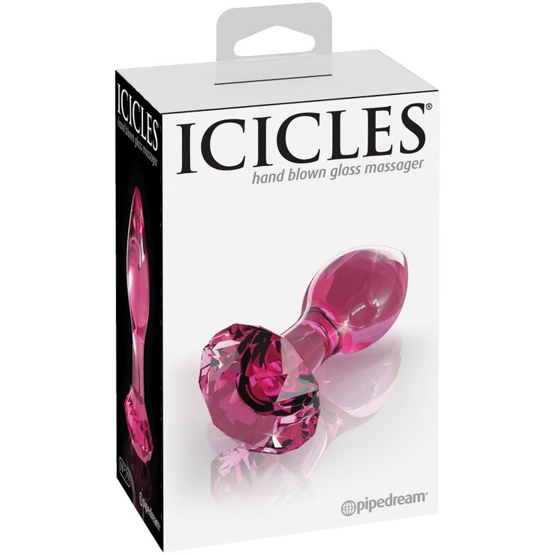 Boite Icicles hand blown glass presentant un plug en verre rose a base bijou facettee, masseur thermosensible non poreux, emballage vertical sur fond clair.