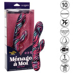 Boîte Naughty Bits Ménage à Moi CalExotics, vibrateur double baguette zébré en vitrine, pictogrammes dix fonctions, silicone et verrou de voyage.