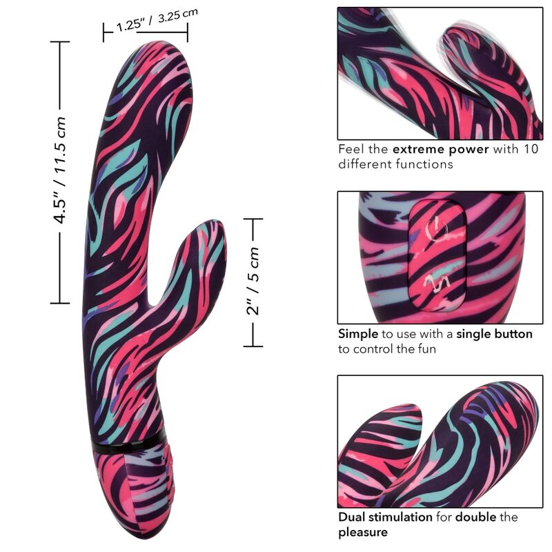 Schéma coté du vibrateur Ménage à Moi, longueur totale 11,5 cm et branche clitoridienne 5 cm, détails du motif zébré et des dix fonctions à bouton unique.
