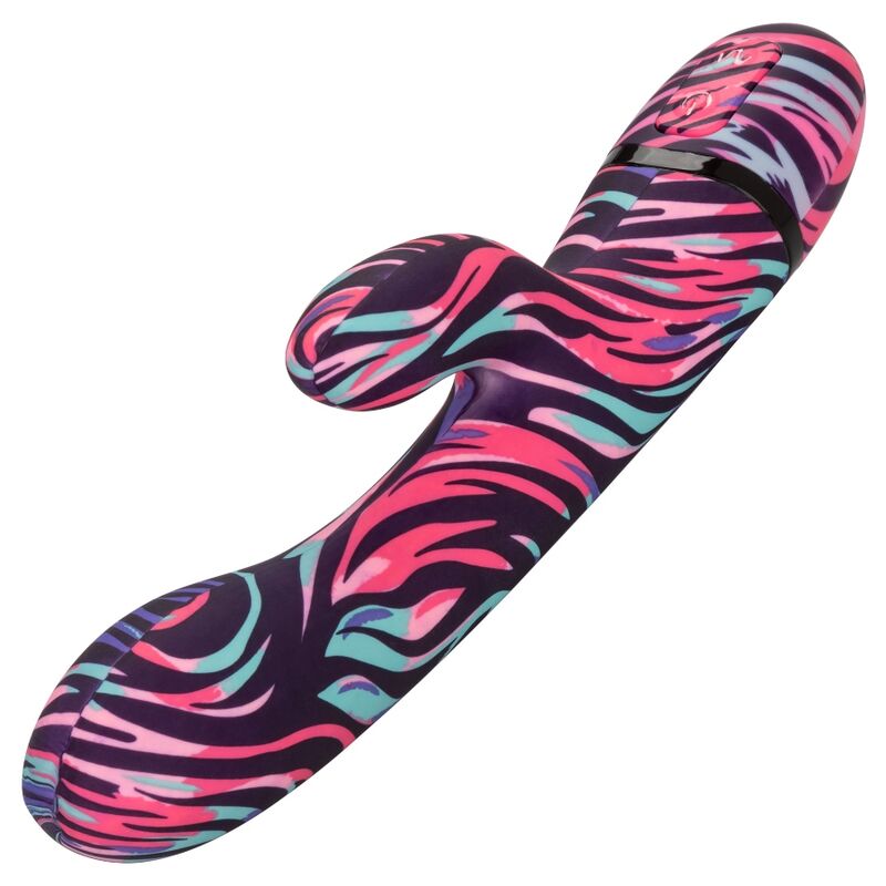 Vibrateur double Ménage à Moi en silicone zébré rose et bleu posé à plat, vue de dessus du corps ABS et silicone de 21 cm à dix modes de vibration.