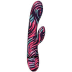 Vibrateur double Ménage à Moi en silicone zébré vu de profil, branche clitoridienne et tige insérable de 11,5 cm, dix modes de vibration rechargeables USB.