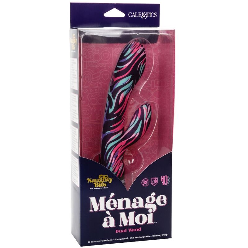 Packaging Naughty Bits Ménage à Moi CalExotics, vibrateur double zébré en vitrine, pictogrammes double stimulation, dix fonctions et bouton unique simple.