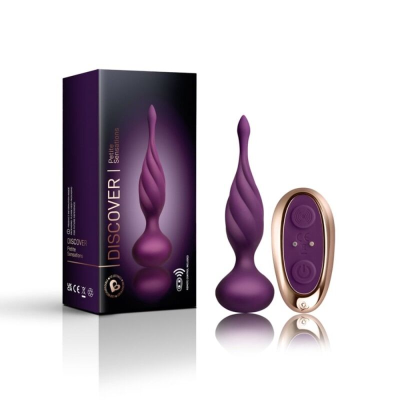 Boîte Discover de Rocks-Off violet foncé montrant le plug anal violet torsadé effilé et sa télécommande dorée, icône sans fil, sans visuel anatomique.