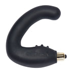 Stimulateur prostatique Rude-Boy en silicone noir de 12 cm, courbe en C marquée, picots en relief sur la poignée et capsule vibrante dorée à la base, surface lisse non anatomique.