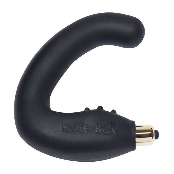 Stimulateur prostatique Rude-Boy en silicone noir de 12 cm, courbe en C marquée, picots en relief sur la poignée et capsule vibrante dorée à la base, surface lisse non anatomique.