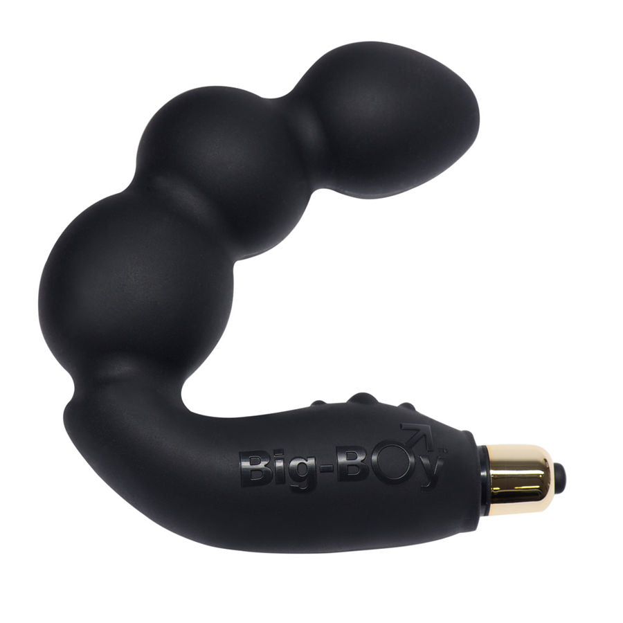 Stimulateur prostatique Big-Boy en silicone noir, tige perlée à billes étagées et bras de soutien courbé, capsule vibrante dorée logée dans la poignée.