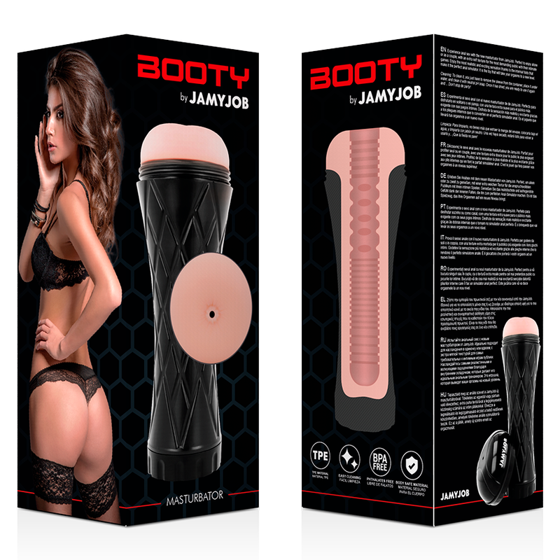 Boite Booty by Jamyjob de face et de dos, presentant le masturbateur fesses en TPE avec orifice anal et fiche technique, emballage du masturbateur masculin pour usage solo.