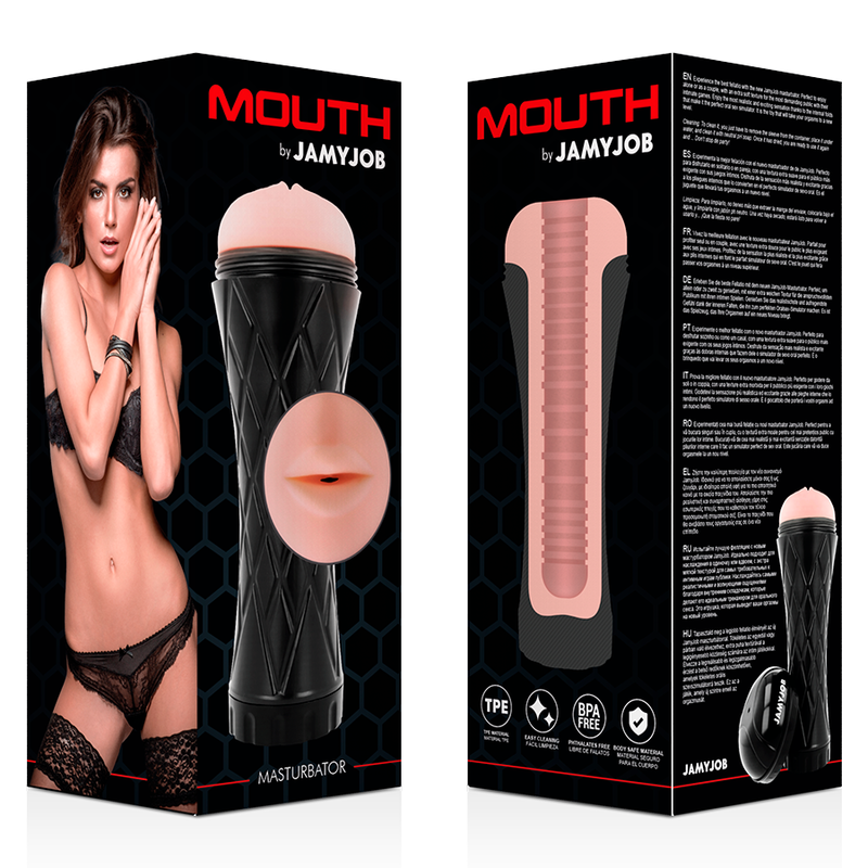 Boite Mouth by Jamyjob de face et de dos, presentant le masturbateur bouche en TPE avec orifice oral et fiche technique, emballage du masturbateur masculin pour usage solo.