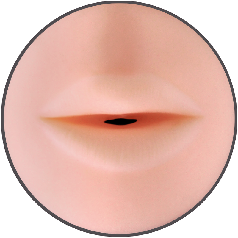 Gros plan macro de l'orifice buccal realiste en TPE rose du masturbateur Mouth by Jamyjob, detaillant les levres souples moulees et l'entree texturee pour une stimulation orale.