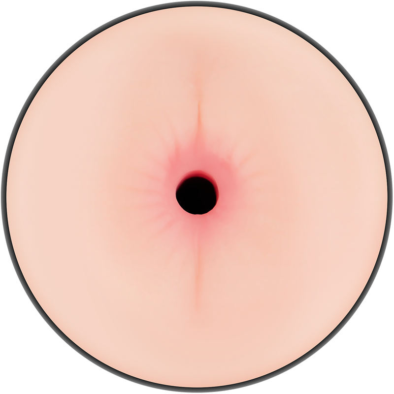 Vue macro circulaire de l'orifice anal realiste en TPE rose du masturbateur double face Randy by Jamyjob, detaillant le plissement moule pour une penetration anale en solo.