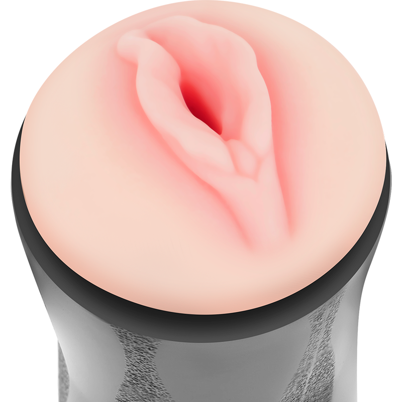 Gros plan de l'orifice vaginal realiste en TPE rose du masturbateur Randy by Jamyjob, detaillant les levres moulees et l'entree texturee pour une penetration solo enveloppante.