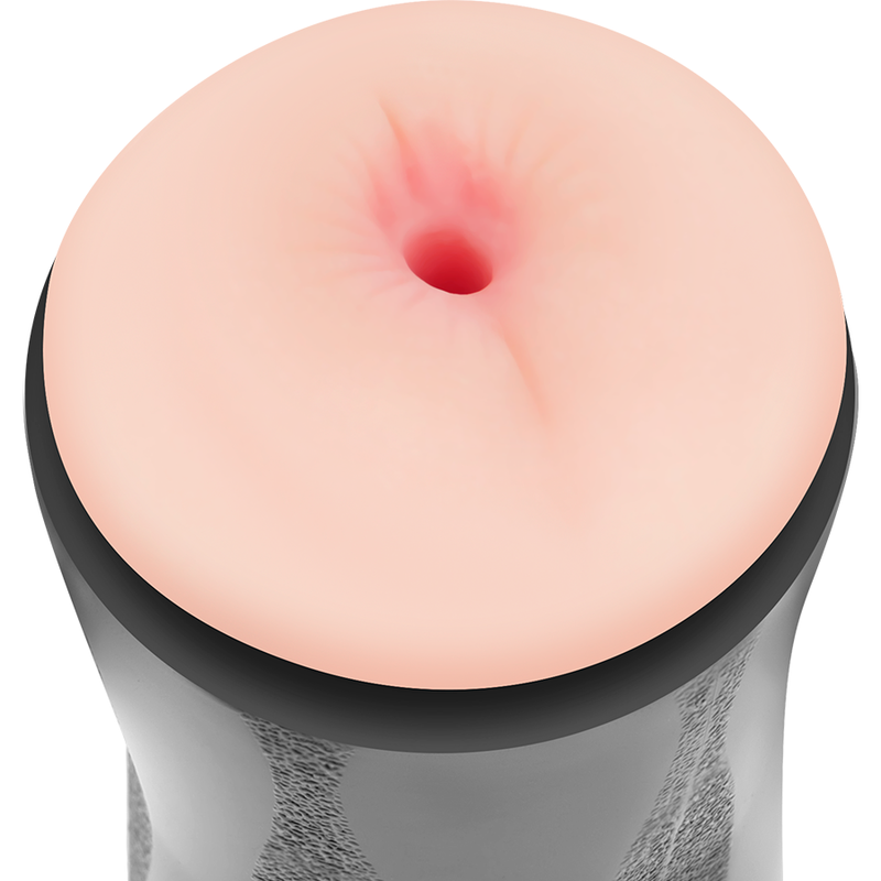 Gros plan de l'orifice anal realiste en TPE rose du masturbateur double face Randy by Jamyjob, detaillant le moulage souple et l'entree plissee pour une penetration solo.