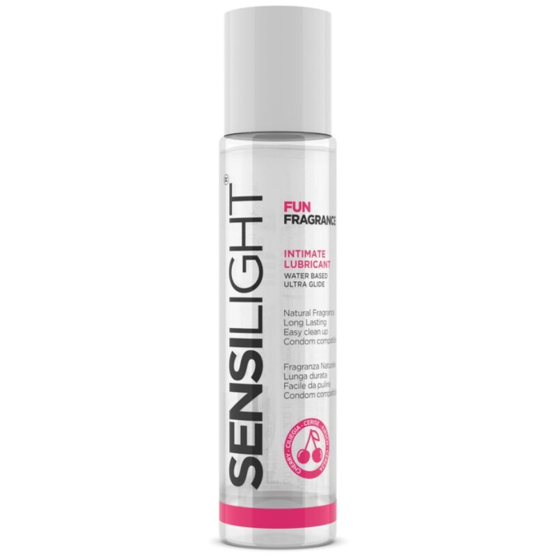 Flacon spray Sensilight Fun Fragrance, lubrifiant intime gourmand parfum cerise base eau, design blanc et rose vif vu de face, format 60 ml ultra-doux.