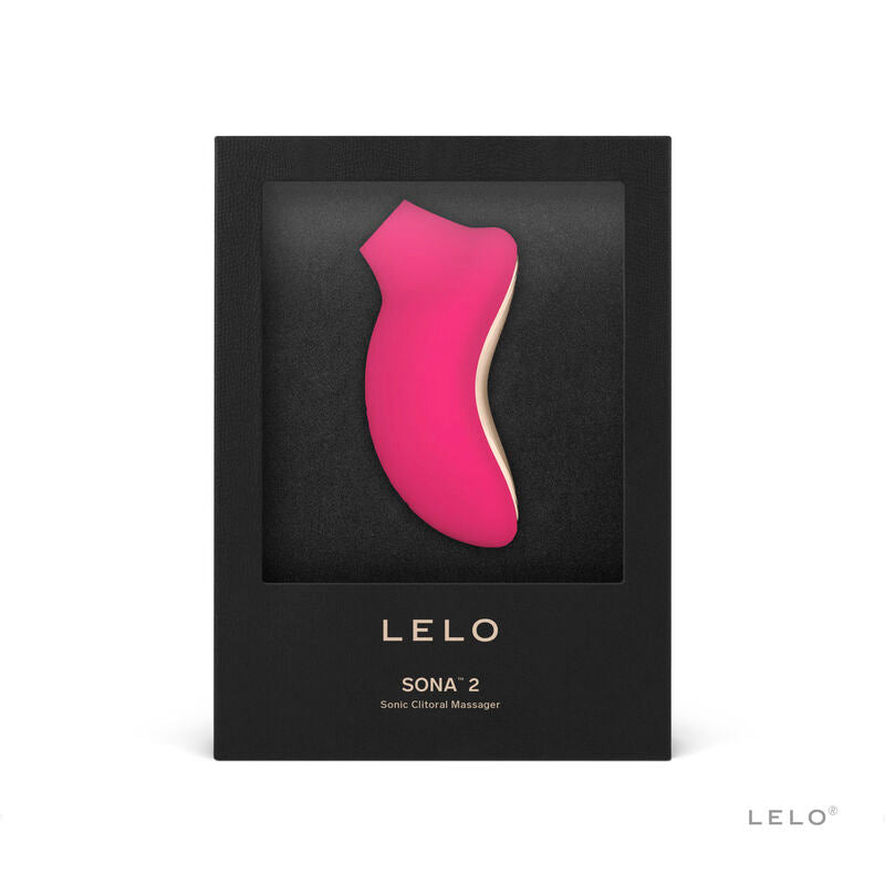 Stimulateur clitoridien Sona 2 rose présenté dans sa boîte Lelo Sonic Clitoral Massager, silhouette compacte en silicone à ondes soniques sans contact direct.