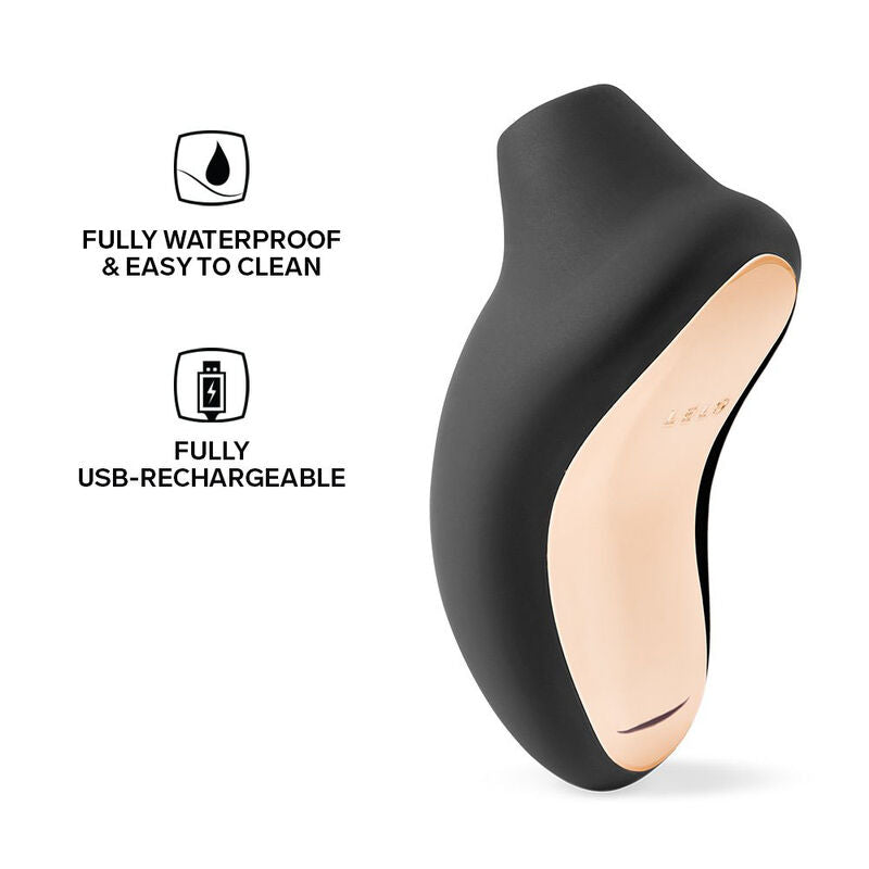 Stimulateur clitoridien Sona 2 Cruise noir à façade dorée, accompagné des pictogrammes étanche et rechargeable USB Lelo, masseur sonique en silicone sans contact.