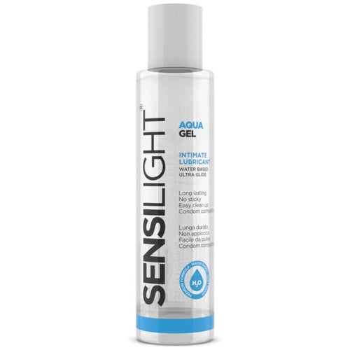 Flacon Sensilight Aqua Gel format compact vu de face, lubrifiant intime base eau ultra glisse, etiquette blanche et bleue, hydratant compatible preservatif.