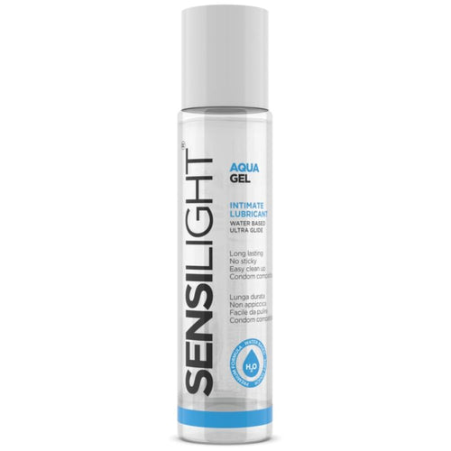 Flacon Sensilight Aqua Gel de face, lubrifiant intime base eau ultra glisse longue duree, design blanc et bleu, goutte H2O, non collant facile a rincer.