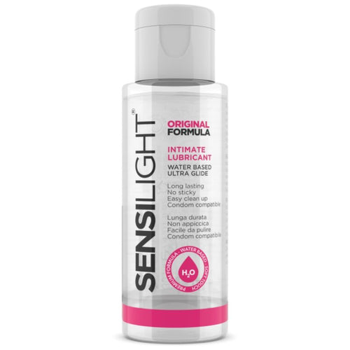 Flacon Sensilight Original Formula de face, lubrifiant intime base eau ultra glisse compatible preservatif, design blanc et rose vif, goutte H2O, longue duree.