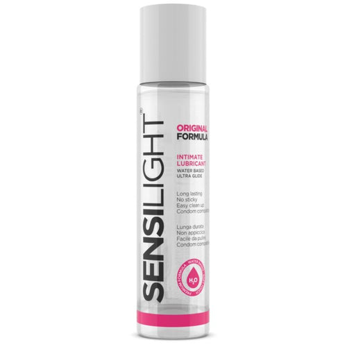 Flacon Sensilight Original Formula vu de face format compact, lubrifiant intime base eau ultra glisse, etiquette blanche et rose, facile a rincer non collant.