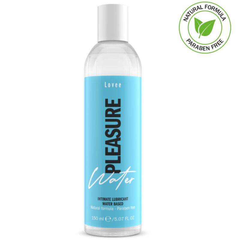 Flacon bleu Lovee Pleasure Water 150 ml, lubrifiant intime base eau neutre sans parfum, formule naturelle sans paraben, ne tache pas, tampon paraben free, de face.