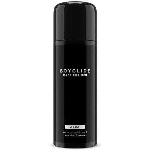 Flacon noir Boyglide Made For Men Aqua vu de face, lubrifiant anal base eau premium pour homme, etiquette discrete, compatible preservatif glisse confortable.