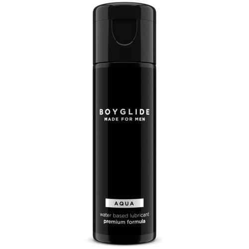 Flacon noir Boyglide Made For Men Aqua de face, lubrifiant anal base eau premium pour homme, design sobre entierement noir, glisse douce confort longue duree.