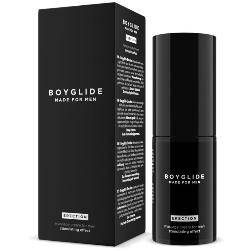Boite noire Boyglide Erection et flacon, creme de massage intime stimulante pour homme aux extraits vegetaux, effet energisant et chaleur, usage externe, vue de face.