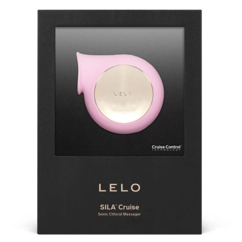 Boite Lelo Sila Cruise vue de face, stimulateur clitoridien sonique lilas en silicone presente sous fenetre, large embout enveloppant et fonction Cruise Control sur l'emballage.