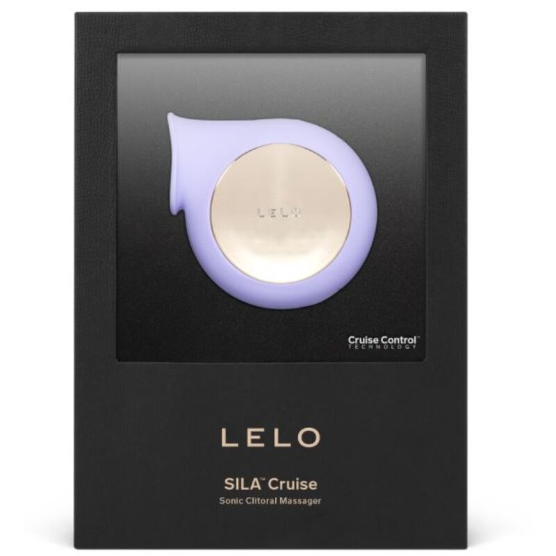 Coffret noir Lelo Sila Cruise, stimulateur clitoridien sonique lilas en silicone visible sous blister, large embout d'aspiration sans contact et facade doree elegante.