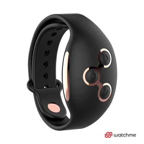 Telecommande connectee Watchme noire en forme de montre, vue de trois quarts : bracelet en silicone etanche et boitier a molettes pour piloter a distance les sextoys compatibles.