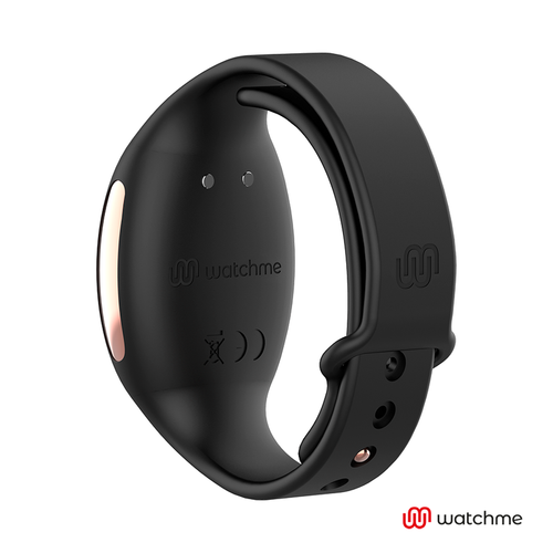 Telecommande montre Watchme noire vue de dos : bracelet silicone souple, logo et pictogrammes etanche et sans fil, pensee pour controler les vibrations des sextoys compatibles a distance.