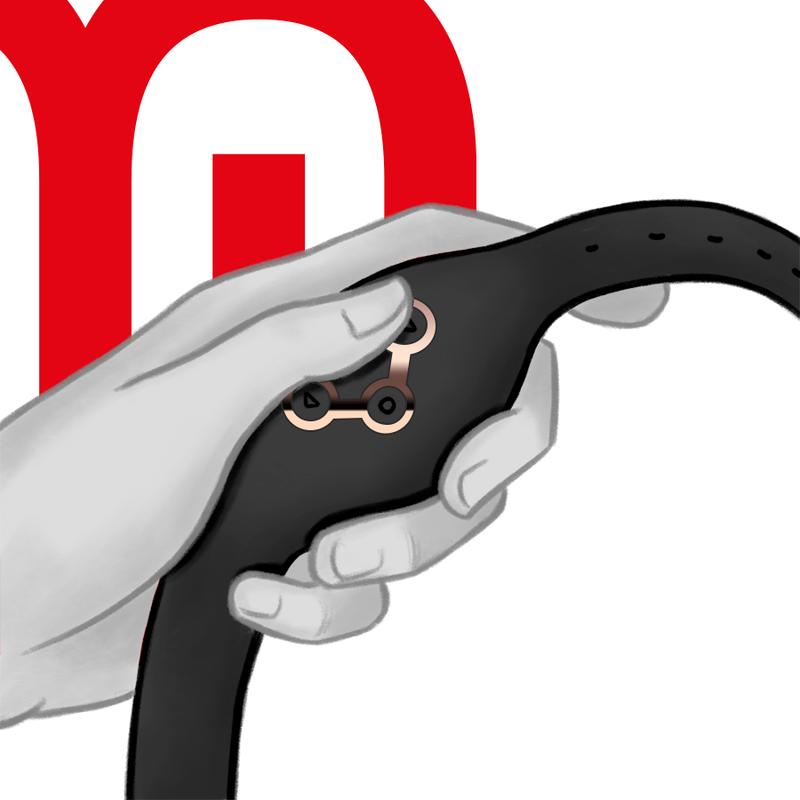 Illustration au trait d'une main reglant la telecommande montre Watchme noire, gros plan sur le bracelet silicone et les touches de pilotage a distance d'un sextoy compatible.