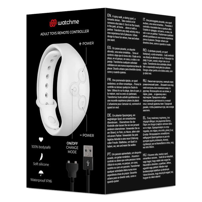 Boite noire Adult Toys Remote Controller Watchme presentant la montre blanche, le cable de charge et les mentions silicone, etanche et modes : telecommande de pilotage des sextoys compatibles.