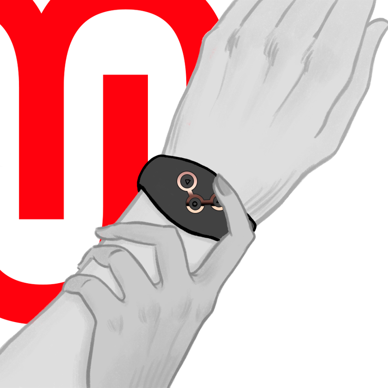 Illustration au trait d'une main ajustant la telecommande montre Watchme noire au poignet, gros plan sur le bracelet silicone et le bouton central de commande a distance.
