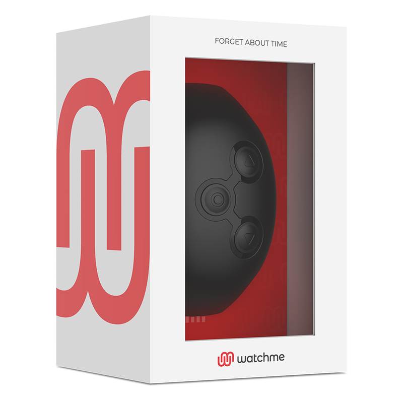Boite blanche Forget About Time de la telecommande Watchme noire : emballage vitrine sur fond rouge devoilant le cadran de la montre connectee de controle des sextoys compatibles.