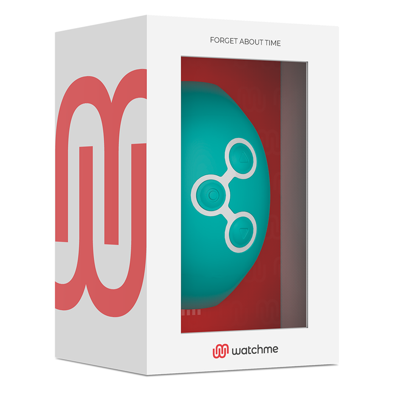 Boite blanche Forget About Time de la telecommande Watchme verte : emballage vitrine laissant voir le cadran turquoise de la montre connectee de pilotage des sextoys compatibles.
