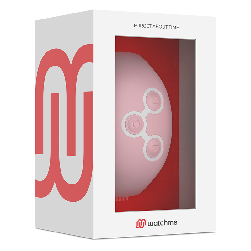 Boite blanche Forget About Time de la telecommande Watchme rose : emballage vitrine laissant apparaitre la montre connectee de pilotage des sextoys compatibles a distance.